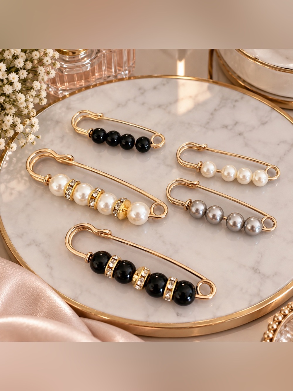 5pc Elegant Pearl Beaded Waist Cincher Pins Clothing Brooch Set
